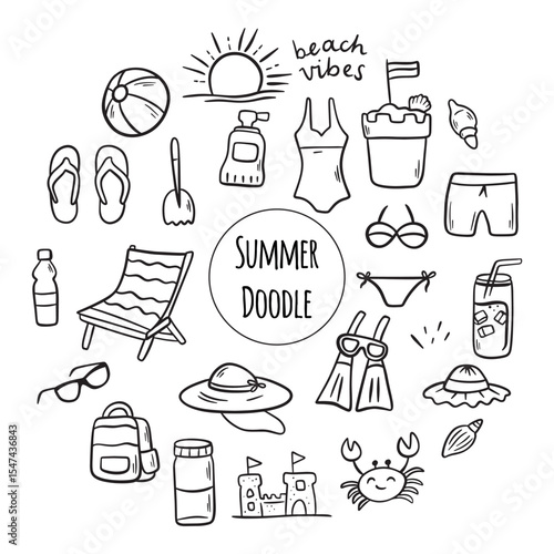 An Exciting and Vibrant Summer Travel Fun Icons Collection. Vacation doodles elements in cartoon style