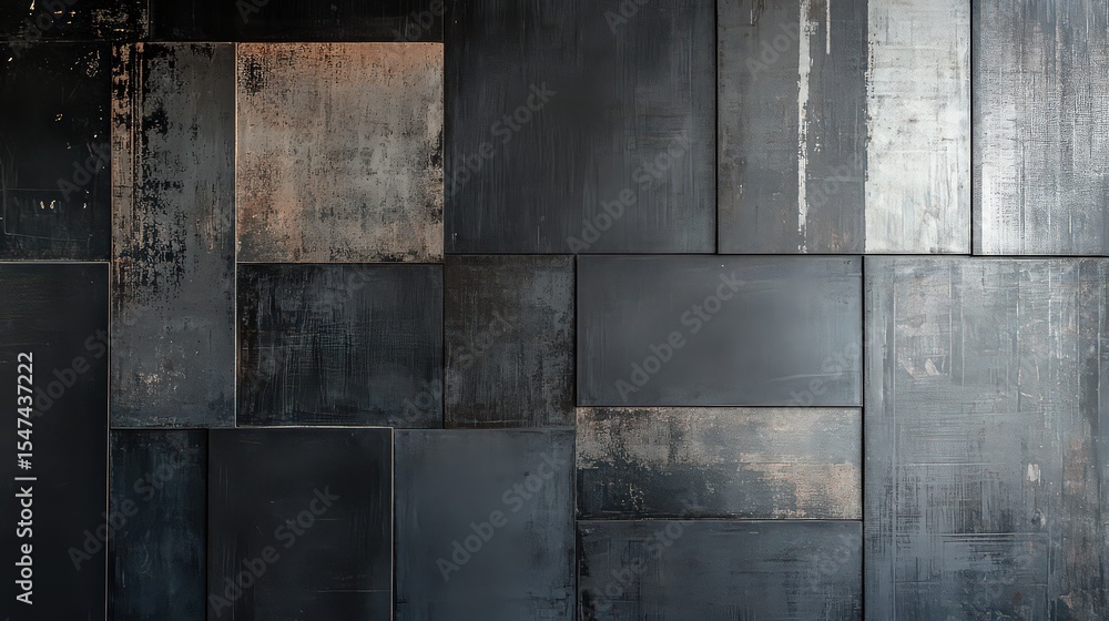 A dark abstract wall made of metal panels with varying textures and shades of gray and black colors A dark abstract wall made of metal panels with varying textures and shades of gray and black colors