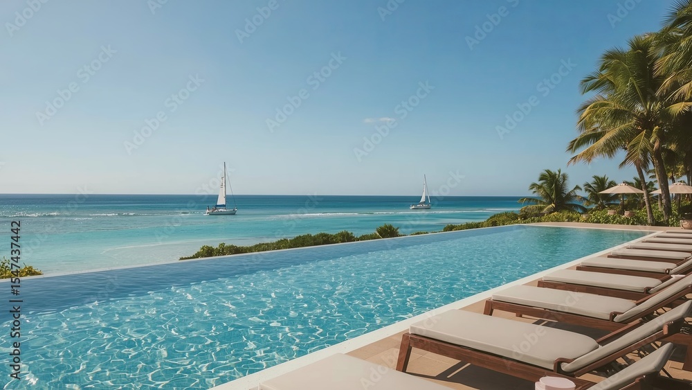 Obraz premium Swimming pool overlooking the vast ocean horizon, capturing the serene blend of sparkling blue water, gentle waves, and endless sky, evoking relaxation, luxury, and a peaceful coastal retreat atmosphe
