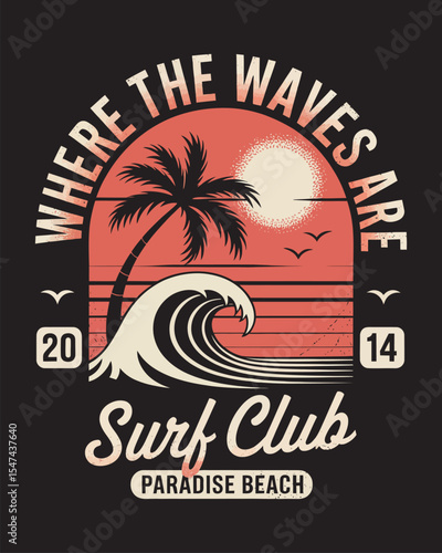 Surfing Badge Vector Design: Beach View Illustration for T-Shirts and Print Projects