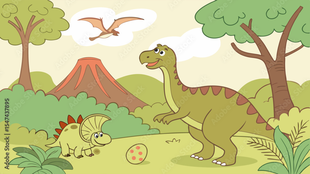 Naklejka premium Vibrant cartoon dinosaur illustration featuring a happy T-Rex, cute Triceratops, and flying Pterodactyl in a lush prehistoric landscape with a volcano and egg.
