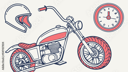 Classic Chopper Motorcycle Line Art Illustration with Retro Helmet and Vintage Clock. Hand-drawn Biker Accessories, Custom Bike, and Speedometer Design.