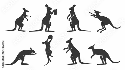 Collection of eight black kangaroo silhouettes in various dynamic poses, including jumping, standing, and boxing. Detailed vector graphic of Australian marsupial movements.