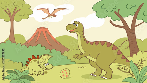 Vibrant cartoon dinosaur illustration featuring a happy T-Rex, cute Triceratops, and flying Pterodactyl in a lush prehistoric landscape with a volcano and egg.
