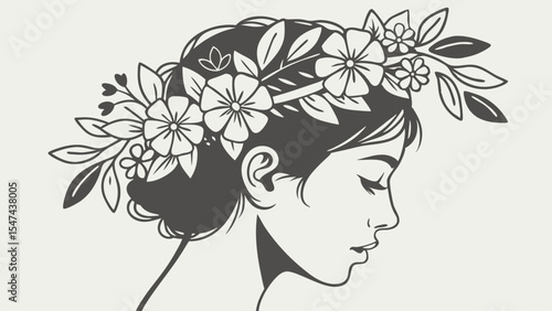 Elegant black and white line art illustration of a serene woman in profile with a beautiful floral wreath and leaves adorning her stylish updo, minimalist design.