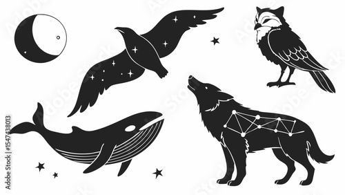 Mystical celestial spirit animals black silhouette vector illustration set featuring a crescent moon, howling wolf, wise owl, majestic whale, and flying bird with stars