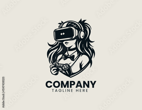 VR gamer woman vector logo design featuring confident female avatar wearing headset and controllers in circular emblem
