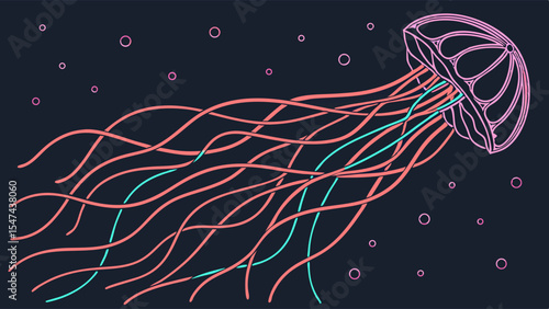 Elegant minimalist line art illustration of a vibrant pink and coral jellyfish with long flowing teal tentacles swimming in a dark deep ocean with small ethereal bubbles.