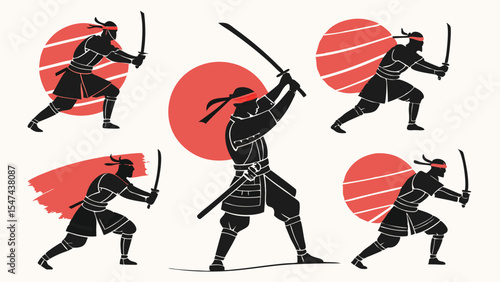 Collection of Dynamic Japanese Samurai Warrior Silhouettes with Katanas and Red Sun Backgrounds. Vector Art Set of Martial Arts Fighters in Action Poses.