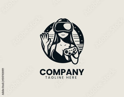VR gamer woman vector logo design featuring confident female avatar wearing headset and controllers in circular emblem