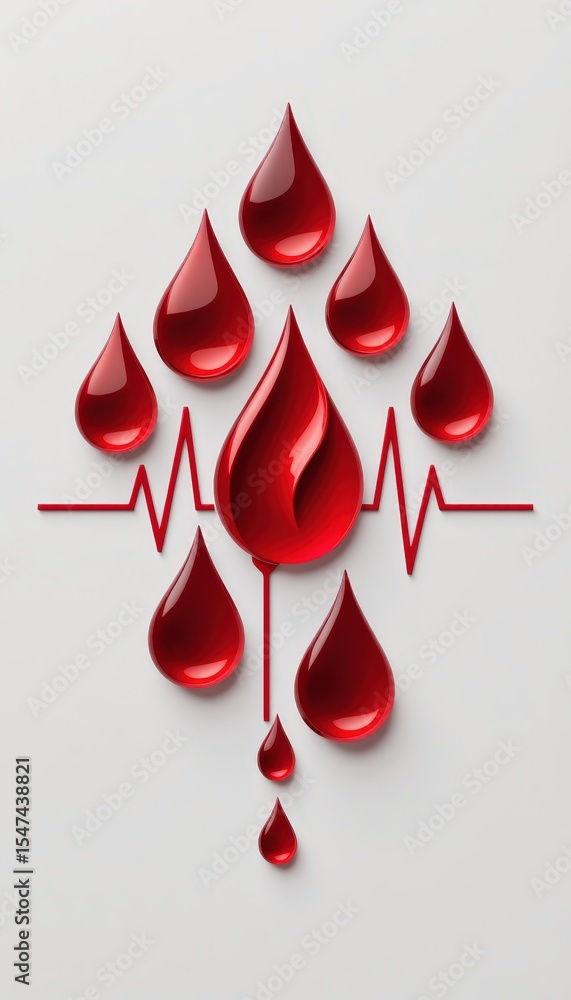 Fototapeta premium Red Liquid Drops with Heartbeat Line on Minimalist Background