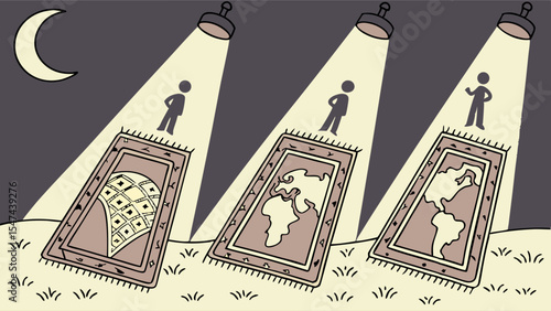Nighttime cartoon illustration of three figures under spotlights, each focusing on rugs with money, Old World, and New World maps. Global attention.