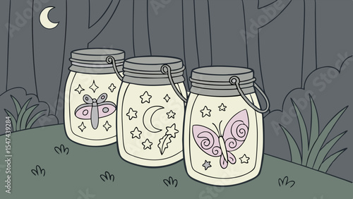 Whimsical cartoon illustration of three glowing fairy jars featuring butterflies, moon, and stars, lighting up a dark forest night with a magical glow.