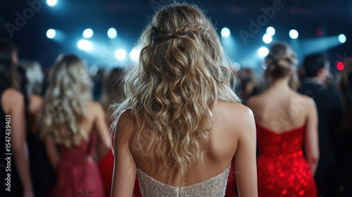 An elegant view of a crowd at a glamorous event, with stunning dresses in vivid colors, highlighting the beauty and sophistication often displayed at high-profile gatherings.