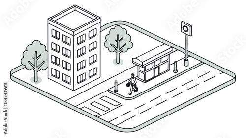 Isometric monochrome city street illustration featuring a building, bus stop, crosswalk, trees, and a walking pedestrian, urban daily life vector.