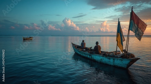 Wallpaper Mural Serene Sunset Voyage: Fishermen's Boat Drifting on Calm Seas at Dusk Torontodigital.ca