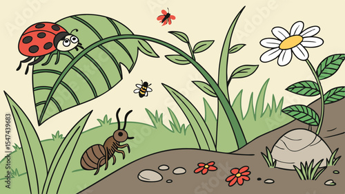 Vibrant cartoon garden scene with friendly insects. Ladybug, ant, and bee explore green plants, a white flower, brown soil, and rocks. Nature illustration for kids.