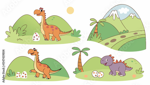Adorable cartoon dinosaurs and eggs in vibrant prehistoric landscapes. Vector illustration set for children, featuring green hills, snowy mountains, palm trees.