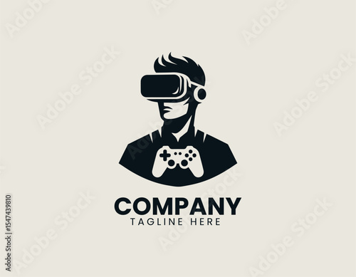 VR gamer man illustrated holding controllers inside dynamic circle conveying immersive virtual reality experience