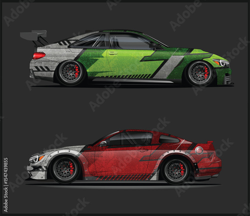 Two stylized race cars with unique wraps and aggressive body kits side view
