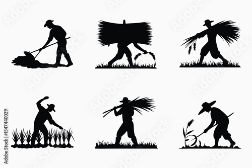 Illustration of Farmers Working Silhouette Collection of Agricultural Laborers with Crops