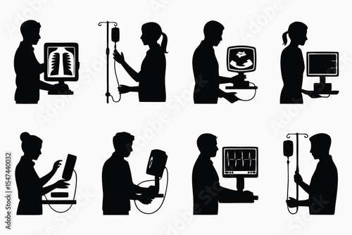 Medical Professionals Silhouettes Examining XRays, Ultrasound, Heart Monitors, and Administering IV Fluids