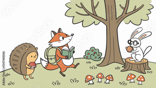 Charming whimsical woodland animals illustration. A hedgehog, a fox with a backpack and book, and a rabbit with glasses gather acorns in a vibrant forest scene with mushrooms.