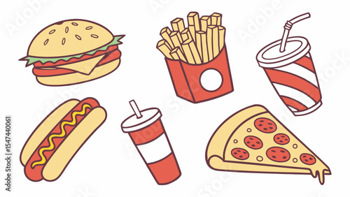 Hand-drawn cartoon fast food set with burger, fries, hot dog, pizza slice, and soda drinks. Junk food vector illustration.