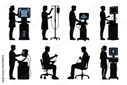 Medical Professionals Using Various Diagnostic Equipment XRay, Ultrasound, and Intravenous Therapy Silhouette Renderings