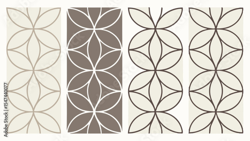Four distinct seamless geometric floral patterns with elegant petal motifs in neutral brown and beige tones for modern decorative backgrounds and textiles