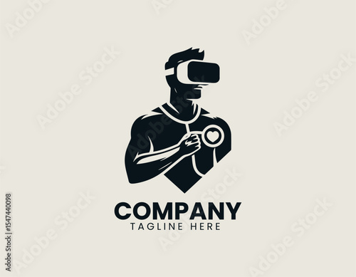 VR gamer man illustrated holding controllers inside dynamic circle conveying immersive virtual reality experience