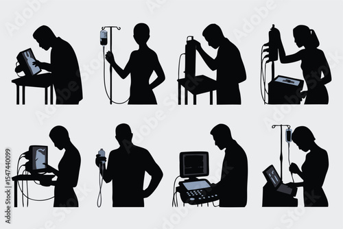 Medical Silhouettes Doctors, Nurses, and Technicians Examining XRays, Ultrasound, and Managing IV Drips