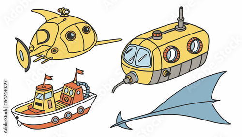 Colorful cartoon vector illustration of various marine vehicles: yellow fish submarine, classic yellow submarine, orange fishing boat, and blue manta ray glider.