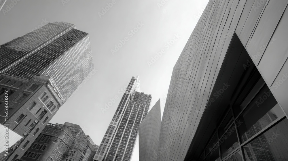 Fototapeta premium Modern architecture, modernism, building walls metal decorations, diagonal compositions, high-contrast light and shadow effects.