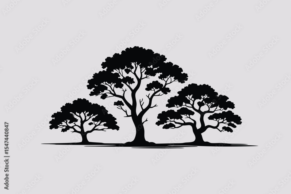 Silhouette of Three Deciduous Trees on a Gray Background in a Minimalist Illustration Silhouette of Three Deciduous Trees on a Gray Background in a Minimalist Illustration