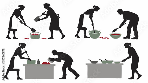 Silhouettes of men and women cooking, preparing food, stirring ingredients, and pouring berries in a kitchen. Black and white vector illustration.