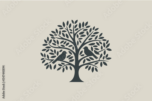 Silhouette of Tree with Leaves and Two Birds Perched on Branches