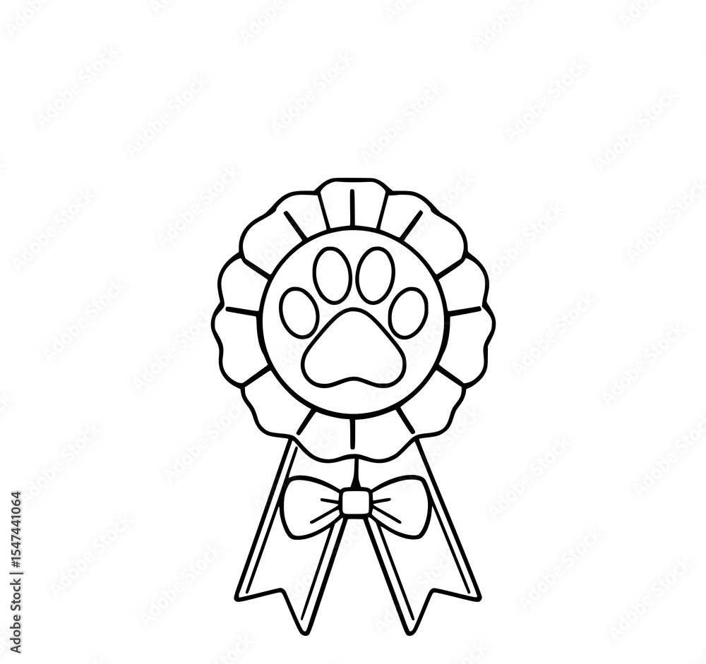 Fototapeta premium Paw Print Award: A simple line art illustration of a pet award rosette with a paw print center and ribbon, perfect for design projects.
