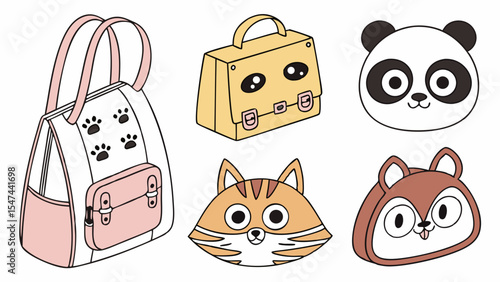 Adorable vector illustration featuring a pink pet carrier bag with paw prints, a yellow school bag, and cute cartoon animal faces including a panda, cat, and squirrel.