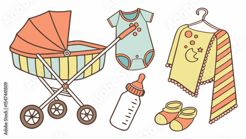 Adorable pastel vector illustration of baby essentials set. Includes a cute stroller, onesie, blanket, feeding bottle, and booties for newborns.