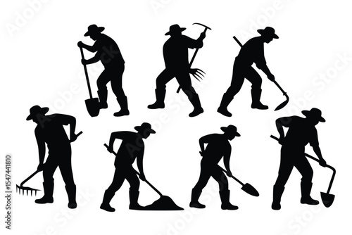 Silhouettes of Farmers Working with Shovels, Rakes, and Hoes in Fields, Black and White