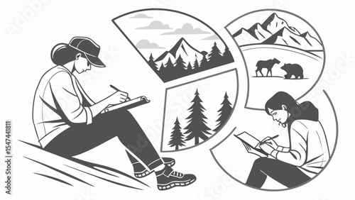 Detailed monochrome line art of female artists sketching diverse nature landscapes mountains forests and wildlife bears for creative inspiration