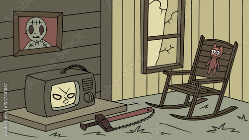 Creepy cartoon indie game art of an eerie cabin interior with vintage TV showing angry face, red cat doll on rocking chair, chainsaw, masked figure painting.
