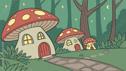 Whimsical cartoon mushroom houses nestled in an enchanted forest at night, featuring a stone path, twinkling stars, and a magical fairy tale illustration.
