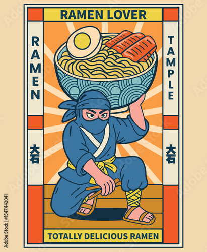 a ninja carrying ramen. the japanese proverb mean 'delicious'