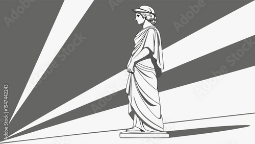 Monochrome classical female statue in a flowing toga, standing against dramatic black and white light rays. A stylized graphic art piece showcasing timeless elegance.