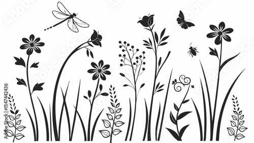 Elegant black and white vector silhouette of a vibrant spring and summer meadow. Wildflowers, tall grass, a graceful dragonfly, butterfly, and ladybug. Nature illustration.