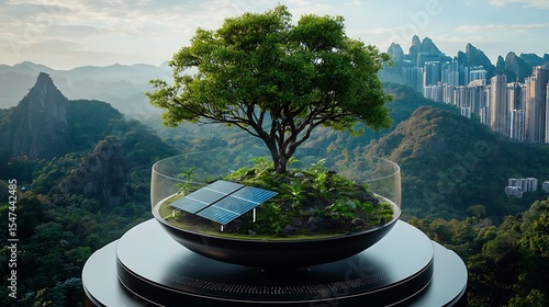 Tree solar panels and miniature landscape in a glass dome overlooking mountains and city