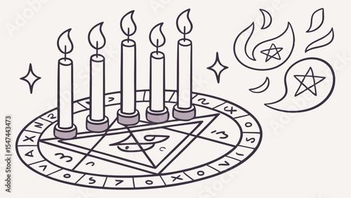 Simple line art drawing magic ritual with five lit candles on a pentagram circle, featuring mystical symbols, glowing flames, and stars, ideal for occult fantasy art.