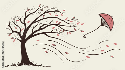 Autumn wind illustration with a bare tree, falling leaves, and an umbrella blowing away, depicting strong seasonal weather and nature's power in a stylized drawing.